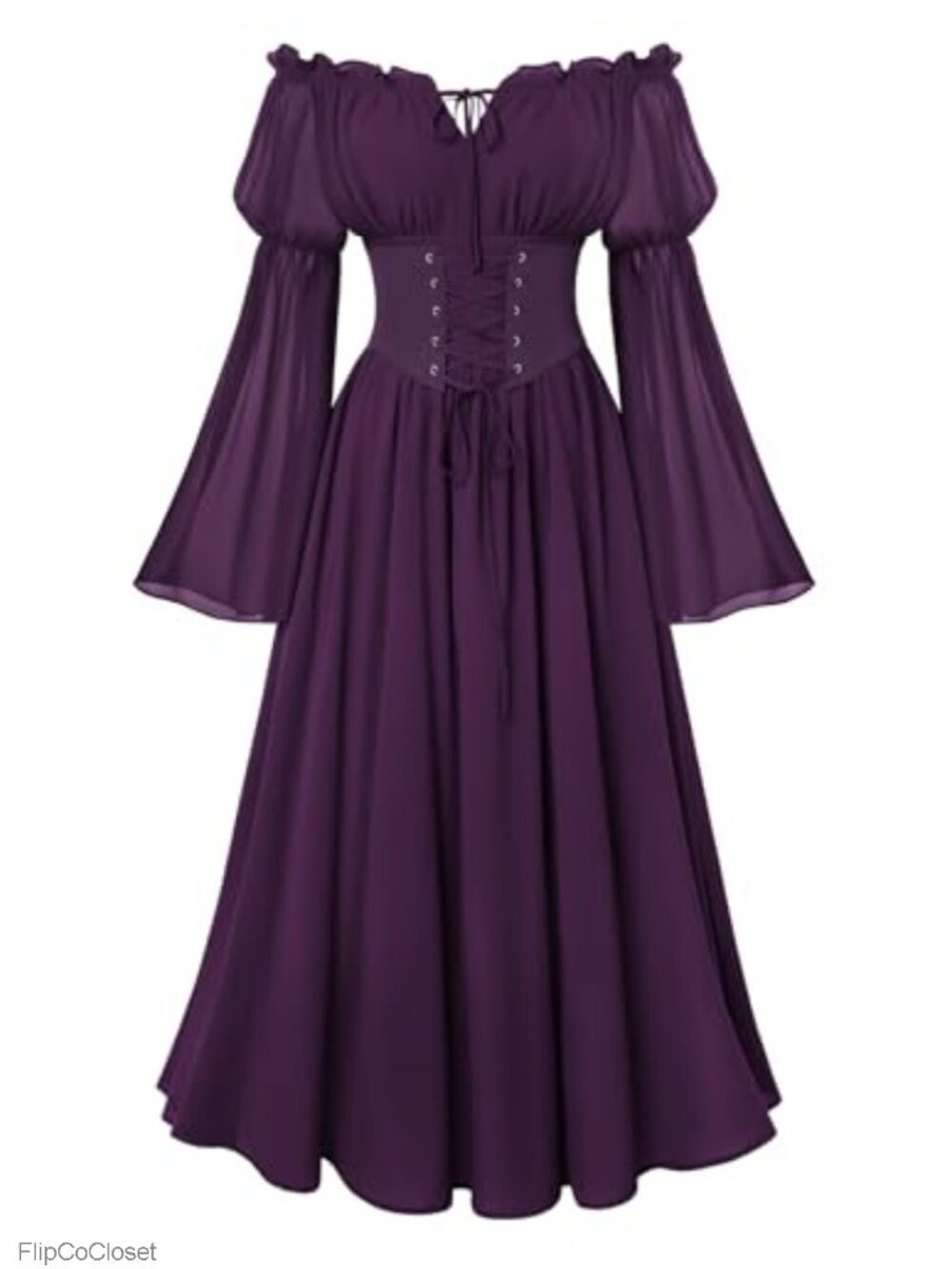 Women Renaissance Off Shoulder Long Bell Sleeve Dress Costume Maxi